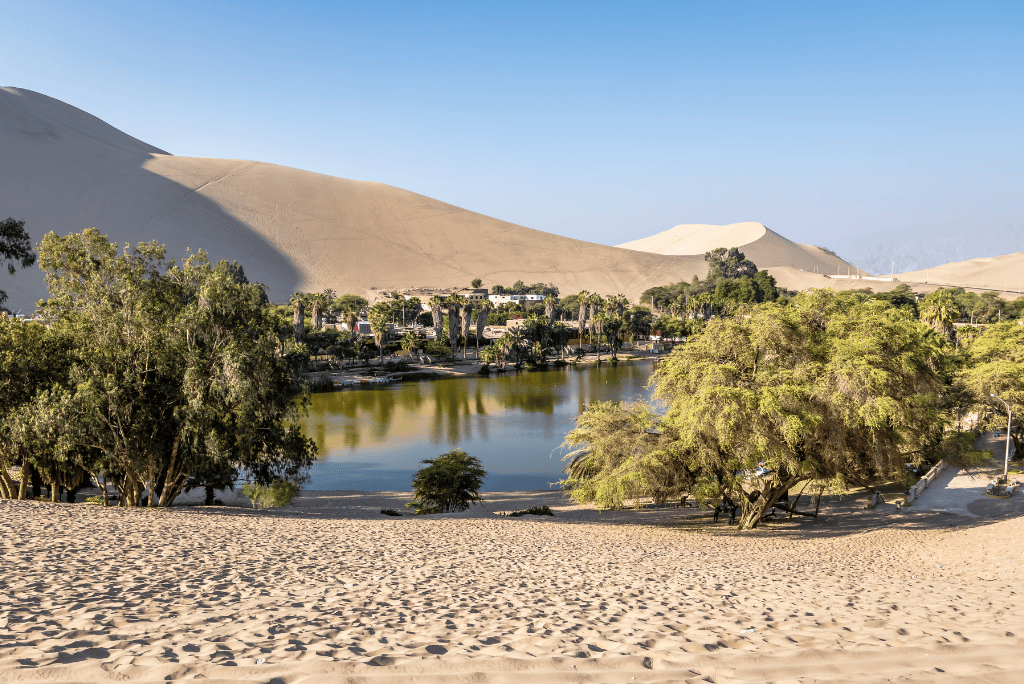 Oasis de Huacachina rodeado de dunas en el desierto peruano.